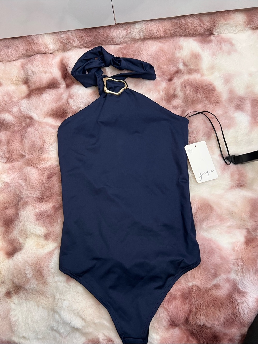Gaze Navy Halter One-Piece with Gold Accent